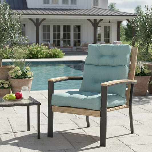 Outdoor Tufted High-Back Chair Cushions, One-Piece Hinged Seat and Back Design, Reversible with 4 Ties, Durable Polyester Fabric, Recycled Fiber Fill - Single, Seaglass