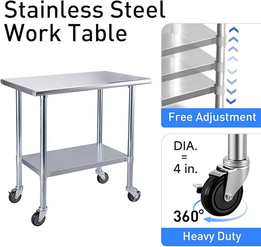 ROCKPOINT Stainless Steel Table for Prep & Work with Caster Wheels 30x36 Inches, NSF Commercial Heavy Duty Table with Undershelf and Legs for Restaurant, Home and Hotel