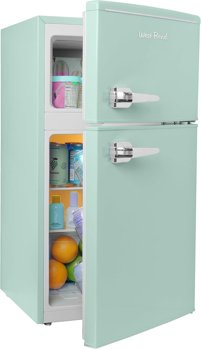 West Bend Mini Fridge with Freezer for Bedroom, Office, Bar or Dorm Room, Retro Compact Refrigerator features Glass Shelves, Manual Defrost and Adjustable Temperature Control, 3.1-Cu.Ft., Green