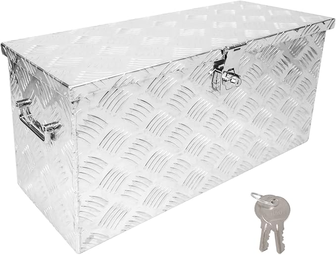 24 Inch Tool Box Flatbox Truck Bed Toolbox,RV Storage Organizer,Truck Tools Chest Box With Side Handle & Lock KeysCompatible with Trailer Pickup,Silver Aluminum 5 Bar Tread(24.2"x10.4"x11.8")