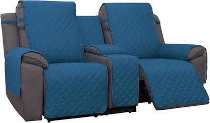PureFit 2 Seat Recliner Cover for Loveseat, Peacock Blue/Beige, Water Resistant, Reversible, Furniture Protector for Recliner, Sofa, Durable, Machine Washable | Double with Console, Non Slip Split Sofa Cover, Washable Reclining Cover, Peacock Blue/Beige