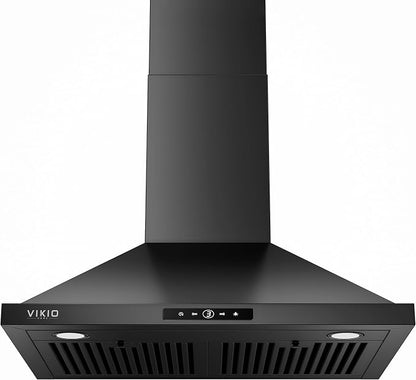 VIKIO HOME 30 Inch Wall Mount Range Hood 580CFM Convertible Touch Control | Ducted/Ductless, Stainless Steel Kitchen Vent Hood with 3-Speed Fan and LED Lights, Black