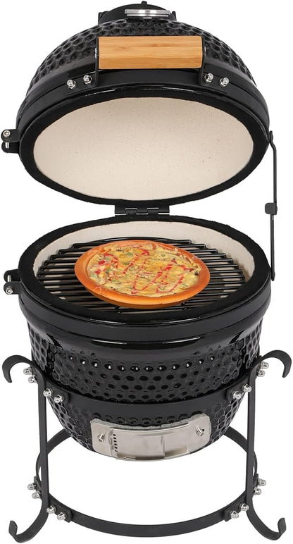 13" Round Ceramic Charcoal Grill,Tabletop Outdoor Barbecue Smoker,Portable Vertical Charcoal Smoker Grill,Heavy Duty Outdoor BBQ Grill,with Built-in Thermometer,for Garden Patio Beach Backyard (Black)