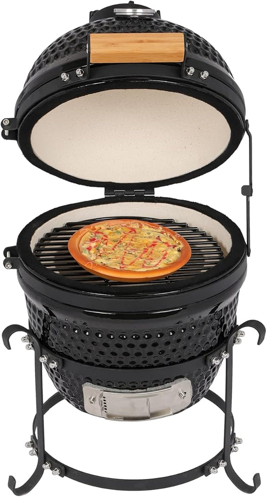Black 13 Inch Charcoal Grill for Outdoor Cooking Barbecue Camping BBQ, Heavy Duty Ceramic Barbecue Grill with Side Handles,Portable Ceramic Grill