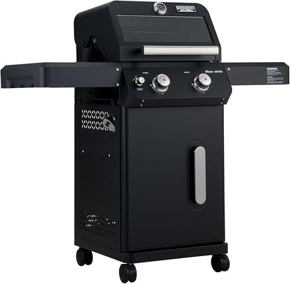 Monument Grills 2-Burner Stainless Steel Liquid Propane Gas Grill, Two Foldable Shelves Patio Garden Barbecue Grill with Clearview® Lid, Knob Control Mesa220, Black
