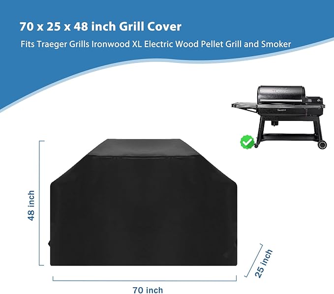 Grill Cover for Traeger Ironwood XL Electric Wood Pellet Grill and Smoker, 70" Full-Length Watherproof Grill Cover for Traeger New Ironwood TFB93RLG Pellet Grill BAC647