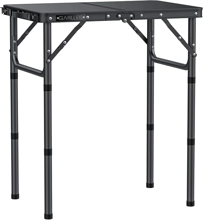GARLLEN 2ft Folding Camping Table Max Capacity 66lbs, 3 Adjustable Height Folding Grill Table with MDF Tabletop, Lightweight Folding Tables for BBQ, Travel, Picnic, 22.8" L x 15.7" W