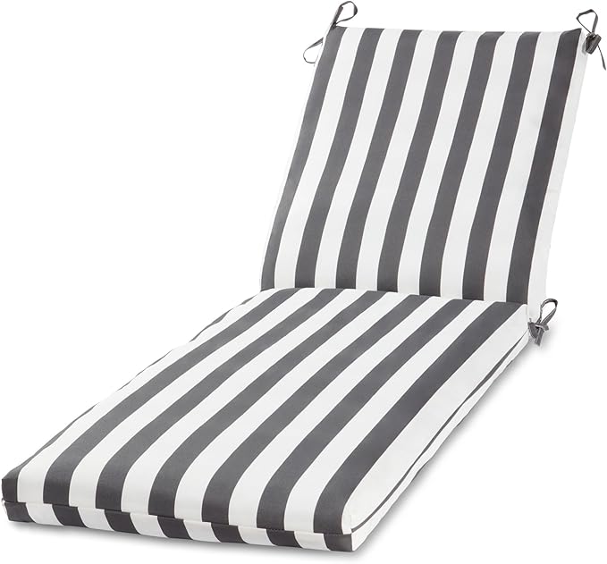 Modern Outdoor Chaise Lounge Cushion with Ties – Durable Polyester Fabric, Channel-Filled Polyfiber Insert, Removable Zippered Cover, Canopy Stripe Gray