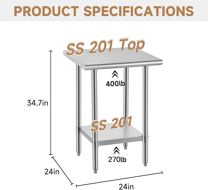 ROCKPOINT All Stainless Steel Table for Perp & Work 24x24 Inch,Commercial Heavy Duty Workbench with Stainless Legs & Adjustable Undershelf, 670 lb Capacity for Restaurant,Home and Outdoor Kitchens