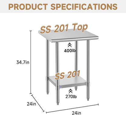 ROCKPOINT All Stainless Steel Table for Perp & Work 24x24 Inch,Commercial Heavy Duty Workbench with Stainless Legs & Adjustable Undershelf, 670 lb Capacity for Restaurant,Home and Outdoor Kitchens