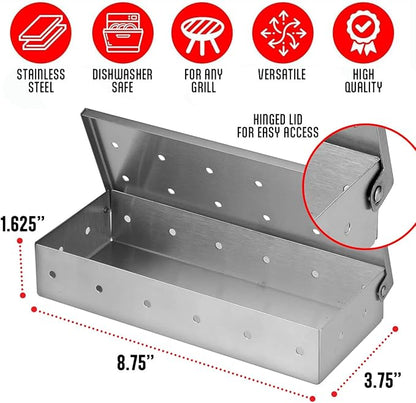 Kaluns Universal Stainless Steel Smoker Box, Gas or Charcoal Grill Smoke Box, Works with Wood Chips, add Delicious Smoked Flavor, Hinged Lid,Warp Free Grill Accessories