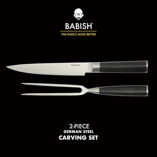 Babish 2-Piece Carving Knife and Fork Set – 8-Inch Stainless Steel Carving Knife with 6.5-Inch Fork – Precision Cutlery for Turkey, Roast, and Meat Carving – Ergonomic ABS Handles