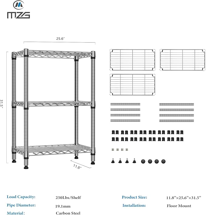 M MZG 750 lbs 3 Tier Shelf Metal Storage Shelves Wire Rack Closet Organizers for Garage Kitchen Bathroom Laundry Chrome 11.8" D x 25.6" W x 31.5" H