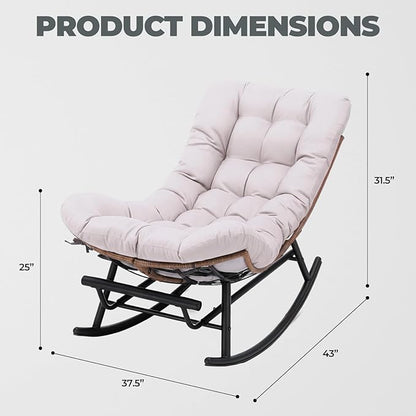 COMHOMA Outdoor Rocking Papasan Chair, Oversized Wicker Patio Rocker, Indoor Comfy Wicker Reading Lounge, Bed-Like Comfort Egg Chair for Bedroom,Balcony, Porch, Garden, Beige