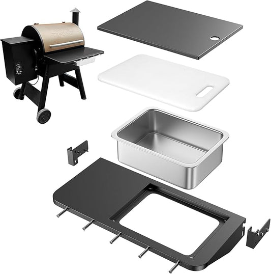 Upgraded Folding Front Shelf Accessories for Traeger Pro 22, Pro 575, Ironwood 650, BAC362, All-in-One Grill Table with Works Cutting Board,Basin,5 Hooks, Steel Grill Accessory for Food Prep & Storage