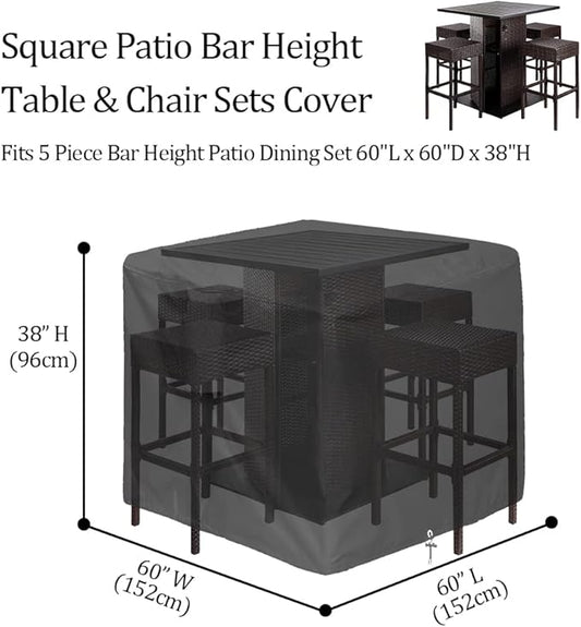 5 Piece Bar Height Patio Furniture Dining Set Covers Waterproof Outdoor 60 Inch Square High Top Patio Bar Height Bistro Table & Chair Sets Winter Cover, Black