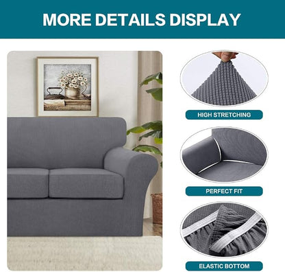 Turquoize 4 Piece Sofa Covers for 3 Cushion Couch Sofa Slipcover Soft Couch Cover for Dogs-Washable Sofa Furniture Covers with 3 Individual Cushion Covers, Jacquard Fabric (3 Cushion Sofa, Gray)