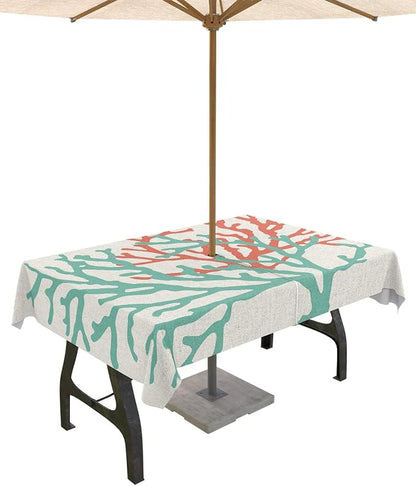 Teal Red Coral Outdoor Tablecloth - 52x70 Inch Rectangle Table Cover, Summer Ocean Nautical Coastal Rustic Burlap Waterproof Outdoor Table Cloth with Umbrella Hole & Zipper for Picnic/Patio/Party