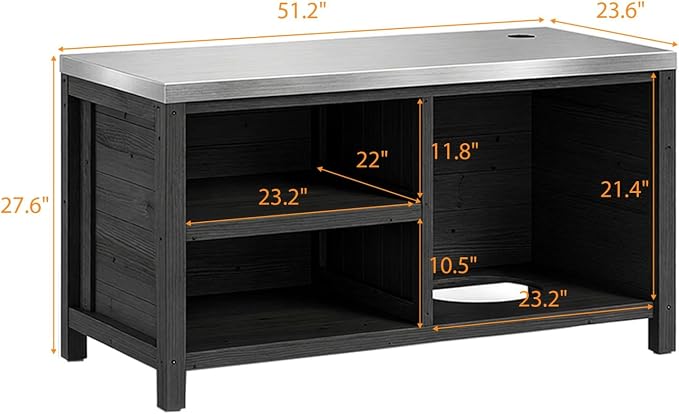 MOUMON Patio Grill Prep Table with Propane Tank Storage, Solid Cedar Patio Cabinet with Stainless Steel Top, Outdoor Cooking Station, Propane not Included, Dark Grey 51.2”W x 23.6”D x 27.6”H