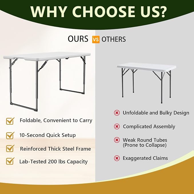 Folding Table, 4FT Foldable Picnic Table with Adjustable Height, Heavy Duty Fold-in-Half Portable Table for Weddings, Camping, RV Travel, Parties, BBQs, and Indoor Use, Easy to Fold and Store