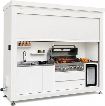 Sunnyjoy Modular Outdoor Kitchen MAX, Premium Aluminum Cabinet System-2 | Max roll-up shade version with grill, sink & storage, durable weather-resistant design, includes roll-up set for protection