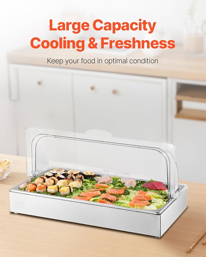 VEVOR Countertop Food Serving Display Container, 1 x 1 Pan Stainless Steel Food Serving Tray, Buffet Condiment Dispenser Display Rack with Clear Lid & 3 Ice Trays, for Restaurant Hotel Kitchen Party