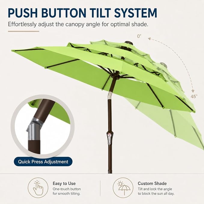 10ft Patio Umbrella, 3-Tier Vented Outdoor Table Umbrella with 8 Sturdy Fiberglass Ribs, Windproof Market Umbrella with Push Button Tilt and Crank, UV Protection for Deck, Pool, Apple Green