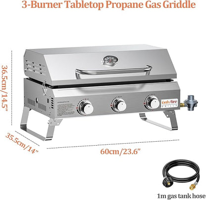 ONLYFIRE GRILLS Tabletop Gas Griddle with Foldable Legs, Portable 3-Burner Propane Gas Grill Griddle Flat Top for Outdoor Cooking Patio Barbecue Camping Tailgating RV BBQ, Stainless Steel, #GS309