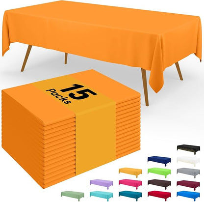Smiry Disposable Table Cloth - 15 Pack, 54 x 108 Inch Waterproof Rectangle Tablecloths for Parties, Decorative Plastic Table Cover, Leakproof & Sturdy, Orange