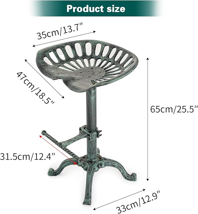 Sungmor 26-32 Inch Adjustable Cast Iron Swivel Bar Stool - Antique Green | Vintage Industrial Barstool with Ergonomic Seat & Footrest for Home Bar Bistro Counter Height Dining Decor Accent