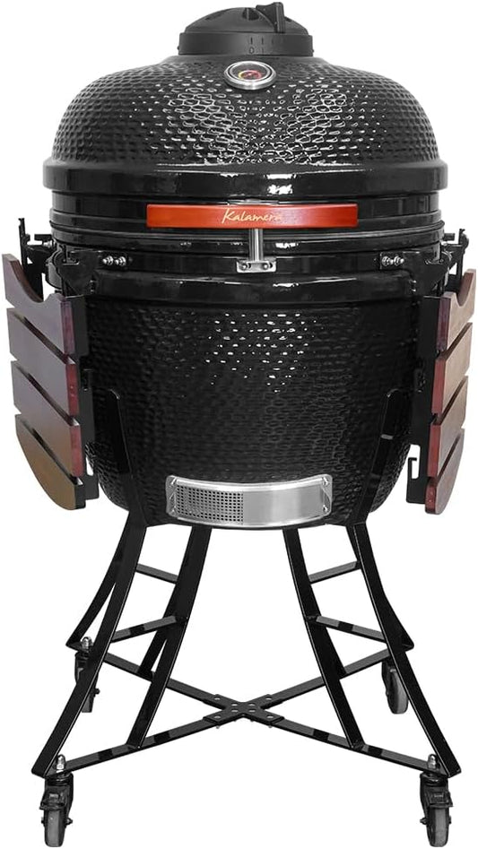 Kalamera 24” Ultimate Outdoor Ceramic Grill Kamado with Cart and Side-wings Black