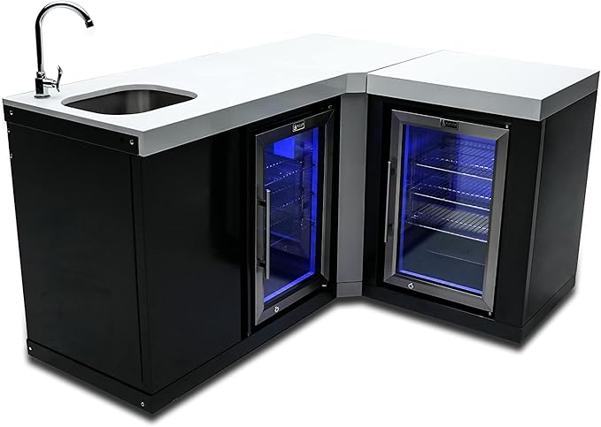 Mont Alpi MA-BEVBSS90FC Bar Series 90 Degree Corner Black Stainless Steel Double Outdoor Rated Refrigerator Wine Cooler Beverage Center Granite Countertops with Blue LED Lighting + Faucet & Sink