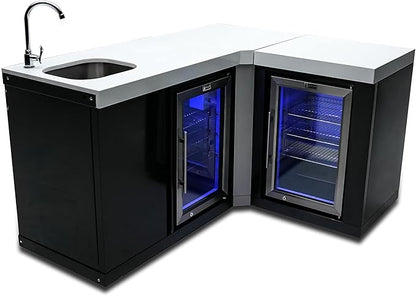 Mont Alpi MA-BEVBSS90FC Bar Series 90 Degree Corner Black Stainless Steel Double Outdoor Rated Refrigerator Wine Cooler Beverage Center Granite Countertops with Blue LED Lighting + Faucet & Sink