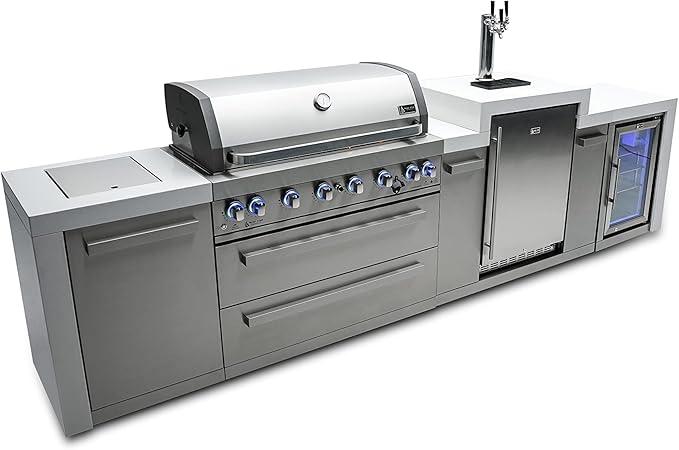 Mont Alpi 142"W Stainless Steel Deluxe Modular Outdoor Kitchen Island with Refrigerator + 3 Tap Kegerator Fridge Dispenser + 44"W 6-Burner BBQ Grill + Granite Countertops + Storage Cabinets & Drawers