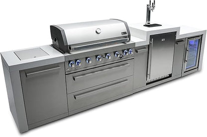 Mont Alpi 142"W Stainless Steel Deluxe Modular Outdoor Kitchen Island with Refrigerator + 3 Tap Kegerator Fridge Dispenser + 44"W 6-Burner BBQ Grill + Granite Countertops + Storage Cabinets & Drawers