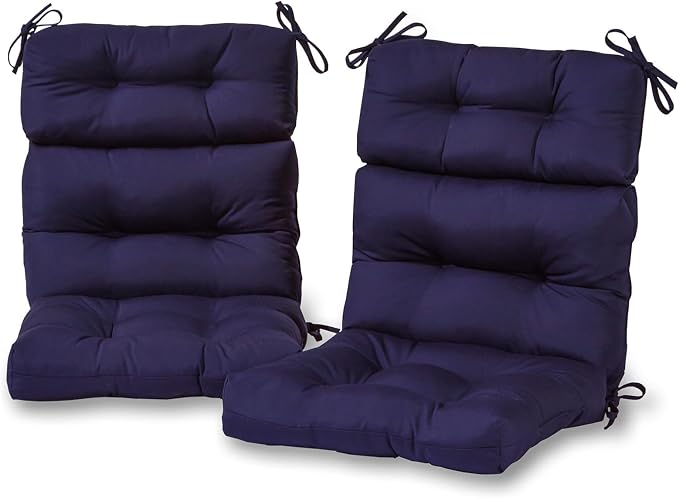 Outdoor Tufted High-Back Chair Cushions, One-Piece Hinged Seat and Back Design, Reversible with 4 Ties, Durable Polyester Fabric, Recycled Fiber Fill - Set of 2, Navy