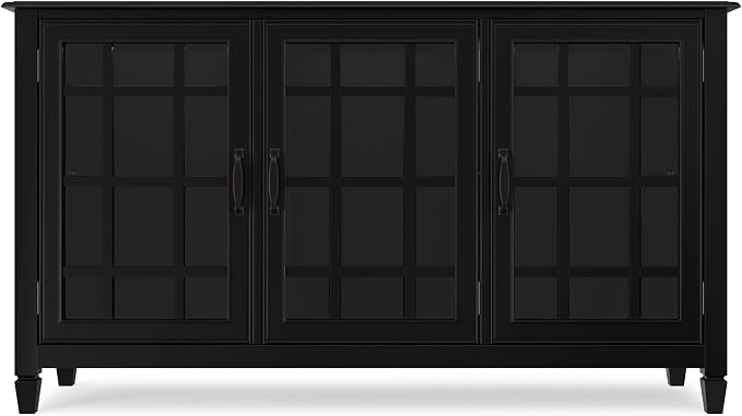 SIMPLIHOME Connaught 60" Wide Solid Wood Buffet Cabinet in Black | Traditional sideboard with glass doors, adjustable shelves and notched legs for the dining room, entryway or living room.