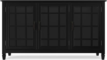 SIMPLIHOME Connaught 60" Wide Solid Wood Buffet Cabinet in Black | Traditional sideboard with glass doors, adjustable shelves and notched legs for the dining room, entryway or living room.