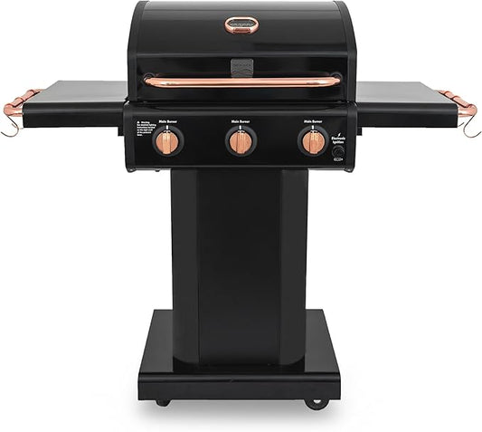 Kenmore 3-Burner Gas Grill | Foldable Side Tables, Cast Iron Cooking Grates, Warming Rack, Hooks for BBQ Grilling Tools, Propane Gas Barbecue Grill, 30,000 BTUs, Black with Copper Accent