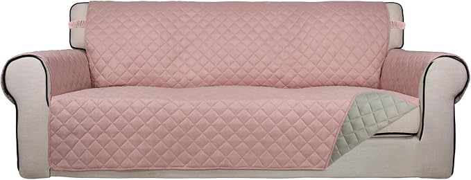 PureFit Reversible Quilted Sofa Cover Dog Couch Covers for Sofa, 66 in | Pink/Beige, Water Resistant Couch Protector, Washable Pet Couch Cover with Non Slip and Elastic Straps For Kids