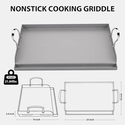 Utheer Cast Iron Griddle for Gas Grill, 25" x16" Flat Top for Outdoor Grill Rectangular Plate with Removable Handles for Charcoal Camping, Tailgating, and Parties