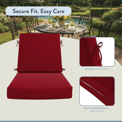 California Umbrella Outdoor Dining Chair, Set of 2 Patio Seat Cushions, 20 x 40 Inch, Premium Outdoor Memory Foam, Fade Resistant, Sunbrella Fabric, Fabric Ties, Jockey Red