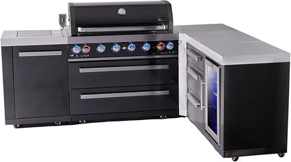 Mont Alpi 94"W x 75"D L-shaped Black Stainless Steel Modular Outdoor Kitchen Island with Refrigerator + Side Burner + 44"W 6-Burner BBQ Gas Grill + Granite Countertops + Storage Cabinets & Drawers
