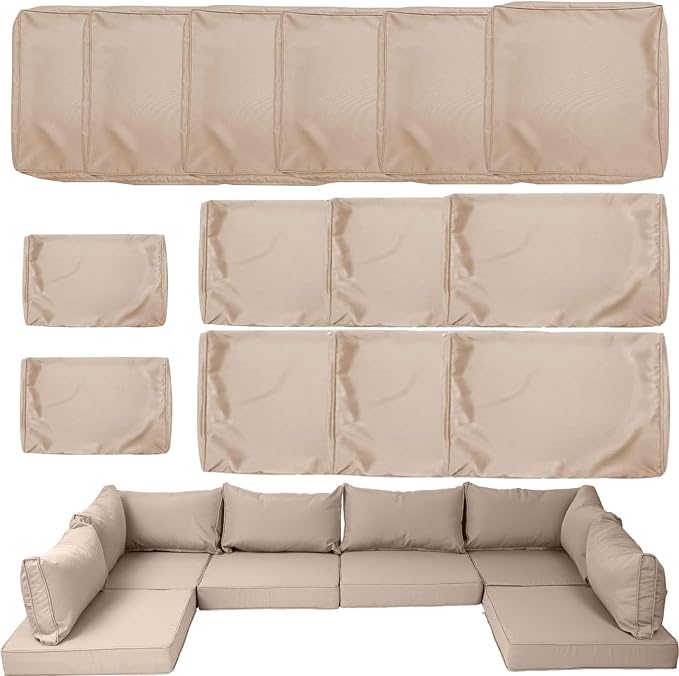 14 Piece Outdoor Patio Cushion Cover Replacement, Waterproof Patio Cushion Covers, Outdoor Furniture Cushion Covers Set for 6 Seat Wicker Rattan Sofa (Khaki)