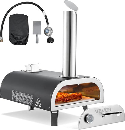 VEVOR Multi Fuel Pizza Oven Outdoor, 12 Inch Wood Fire & Propane Gas Pizza Oven, Pellet & Propane Pizza Maker with Thermometer, Pizza-Cook for Outside Kitchen Patio Camping & Backyard, Black