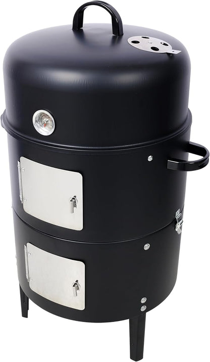 17 Inch Heavy Duty Steel Charcoal Smoker, Round BBQ Grill, Portable Outdoor Barbecue Grill for Backyard Camping Party Cooking, Black