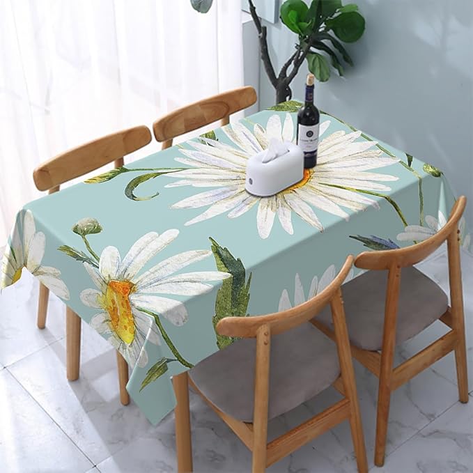Decorative Rectangle Table Cloths Watercolor Floral Daisy White Chamomile Plant Green Tablecloth Table Cover for Dining/BBQ/Picnic/Coffee Table 52 X 70 Inches
