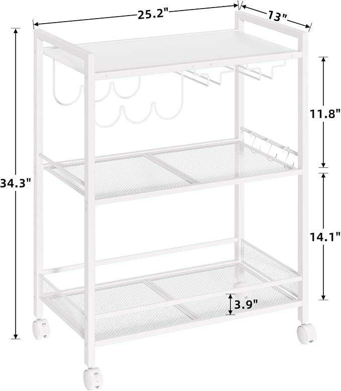 Joaxswe Bar Cart,3-Tier Home Bar Serving Cart with Lockable Wheels,White | Microwave Cart,Mobile Kitchen Shelf,Rolling Beverage Cart with Wine Rack and Glass Holder for Kitchen,Dinning Room