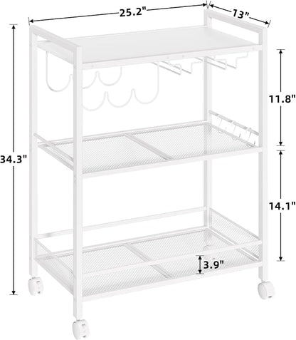 Joaxswe Bar Cart,3-Tier Home Bar Serving Cart with Lockable Wheels,White | Microwave Cart,Mobile Kitchen Shelf,Rolling Beverage Cart with Wine Rack and Glass Holder for Kitchen,Dinning Room