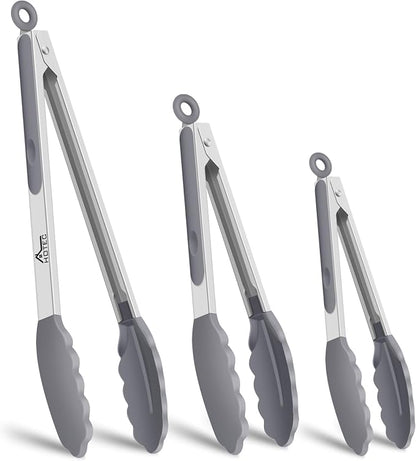 HOTEC Premium Stainless Steel Locking Kitchen Tongs with Silicon Tips, Set of 3-7", 9" and 12" (Grey)